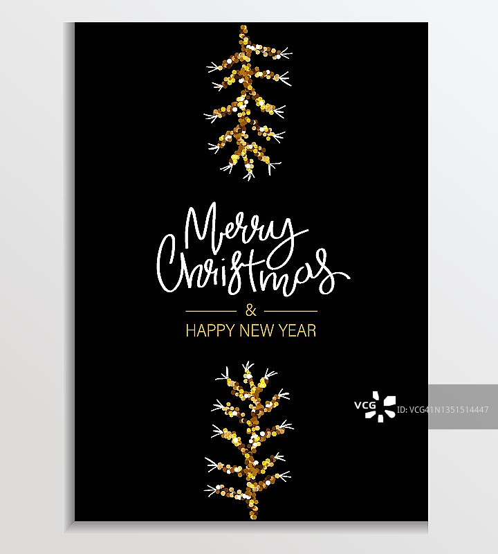 金灿灿的云杉树枝卡。写圣诞快乐，新年快乐。闪光的背景，问候或公司卡片，海报，节日封面。闪闪发光的矢量插图。图片素材