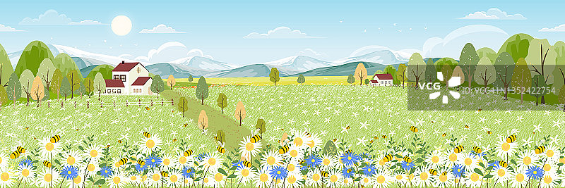 无缝图案春天的田野与蓝天上蓬松的云，矢量背景横幅无限可爱的卡通全景乡村风景绿草与蜜蜂飞在鲜花在阳光灿烂的日子夏天图片素材