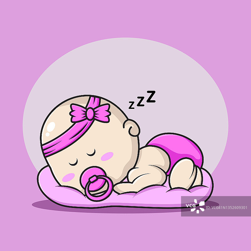 一个可爱的小女孩睡在枕头上的卡通插图图片素材