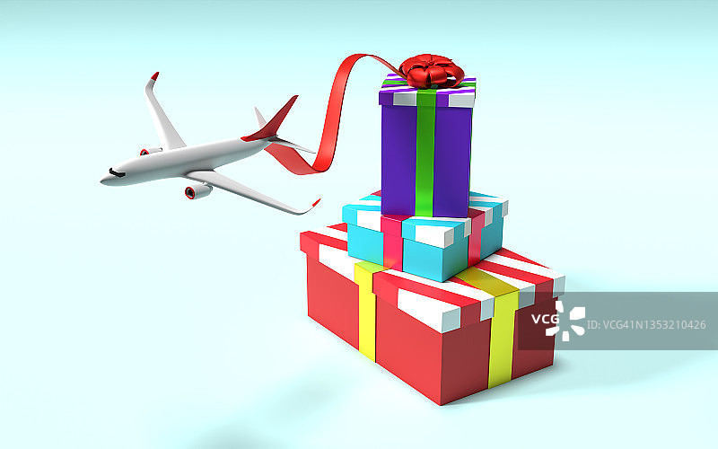 新年和圣诞贺卡与飞行飞机和礼物盒在蓝色背景图片素材