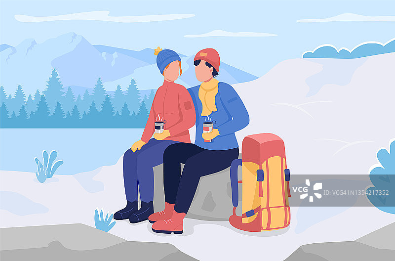 冬季露营休息平色矢量插图图片素材
