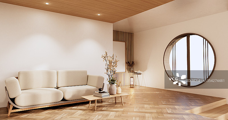 极简的室内设计，沙发家具和植物，现代的房间设计。三维渲染图片素材