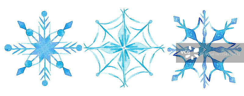 手绘水彩套蓝色雪花。新年的象征。冬天图片素材