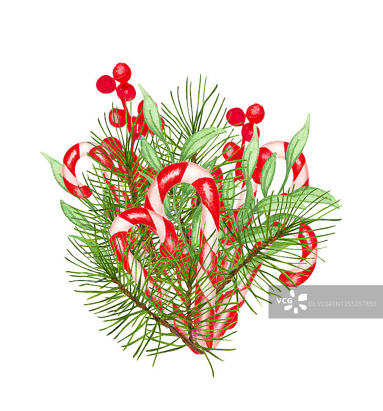 水彩画圣诞花束与绿色的冬天树叶，树枝，浆果，桉树。冬季插图为婚礼，名片，促销图片素材