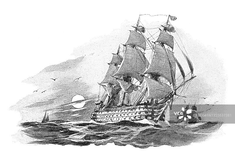 英国军舰“纳尔逊胜利号”的旧雕刻插图(HMS胜利号)图片素材