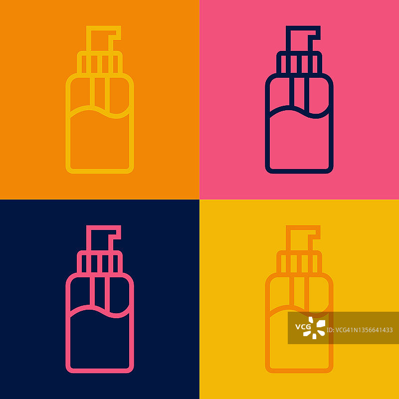流行艺术线抗菌肥皂液体瓶与分配器图标孤立的彩色背景。消毒、卫生、护肤理念。向量图片素材