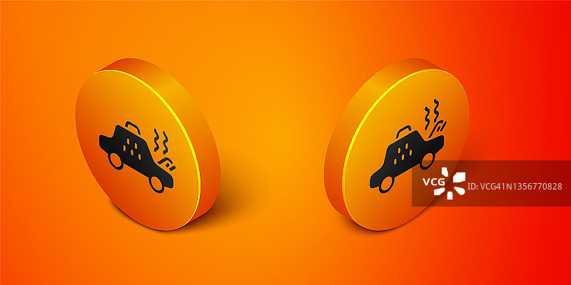 等距破碎的出租车图标孤立的橙色背景。橙色圆按钮。向量图片素材
