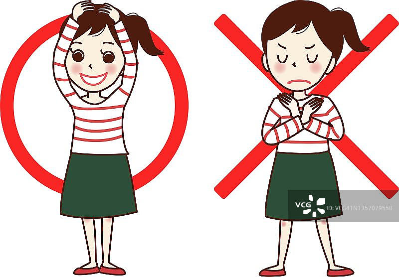 一个年轻女子举着一个圆圈和一个十字架摆姿势的套装插图。图片素材