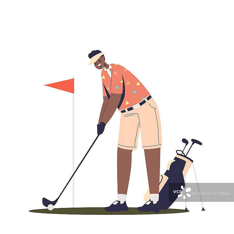 男高尔夫球手在绿地上用高尔夫球棒打旗、打洞，进行体育运动图片素材