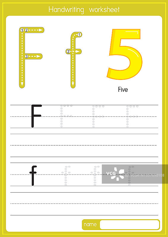 矢量插图五字母与字母F大写或大写字母的儿童学习练习ABC图片素材