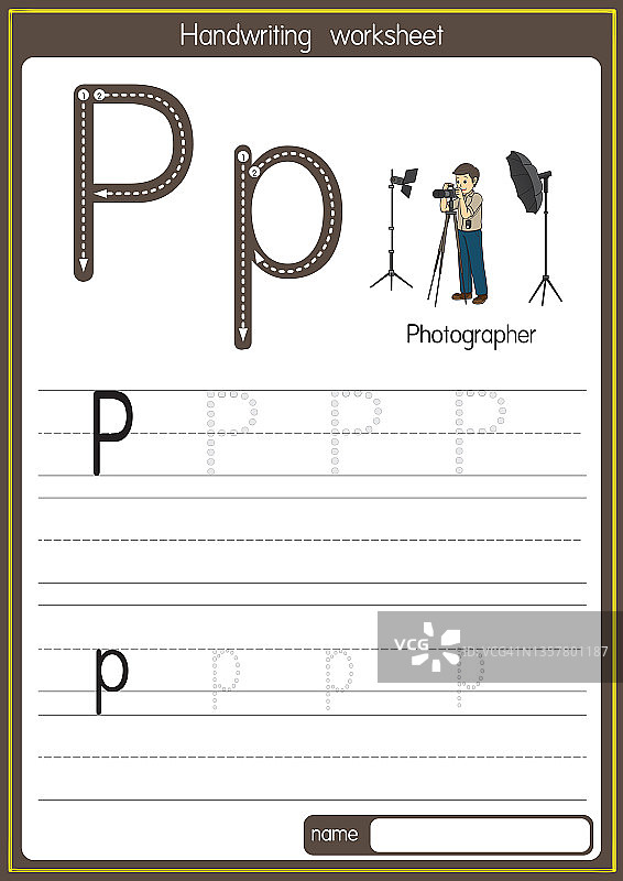 矢量插图的摄影师与字母P大写字母或大写字母的儿童学习实践ABC图片素材