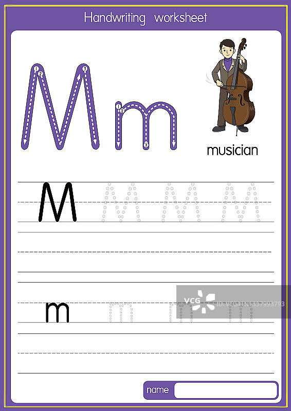 矢量插图的音乐家与字母M大写字母或儿童学习练习ABC图片素材
