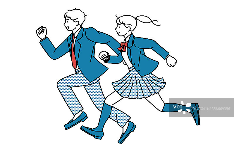 男女高中生或初中生穿着校服跑步的简单插图图片素材