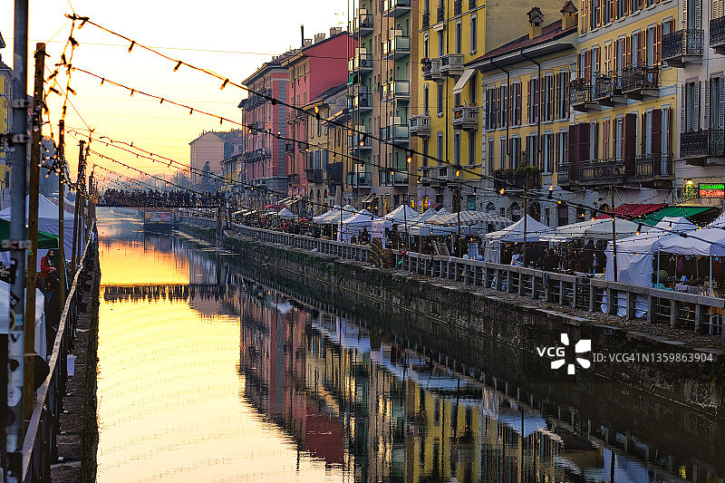 日落时分，意大利米兰，老城中的大运河图片素材