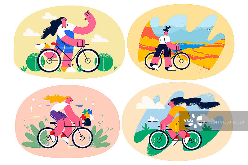 一组微笑的人喜欢户外活动骑自行车图片素材