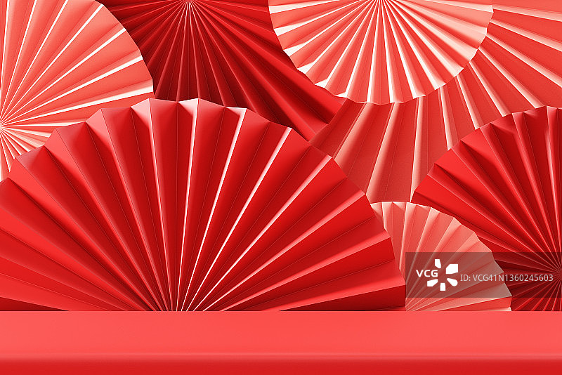 中国新年，在讲台上展示粉红色抽象背景的模型，红色的手纸扇子，产品最小的展示舞台。图片素材