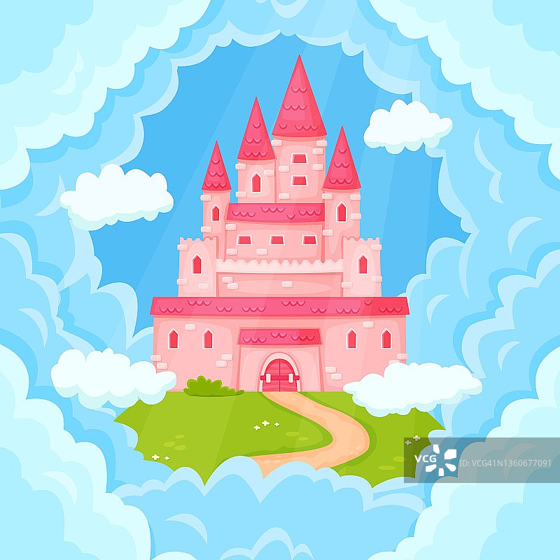 卡通童话里的粉色城堡塔。魔幻王国宫殿在天空飞翔，可爱的中世纪幻想大厦矢量插图图片素材