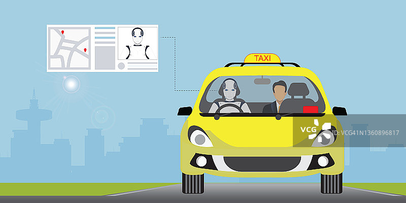 在城市街道上驾驶出租车的人工智能机器人。图片素材