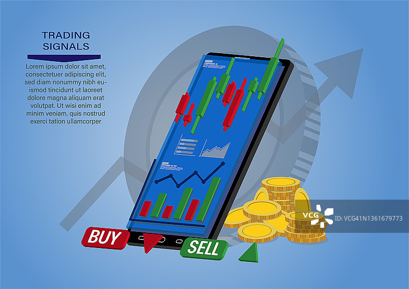 使用手机进行股票买卖的烛台图，市场投资交易，矢量图图片素材