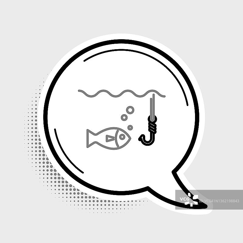 线钓钩在水下与鱼图标孤立在灰色背景。渔具。色彩斑斓的轮廓的概念。向量图片素材