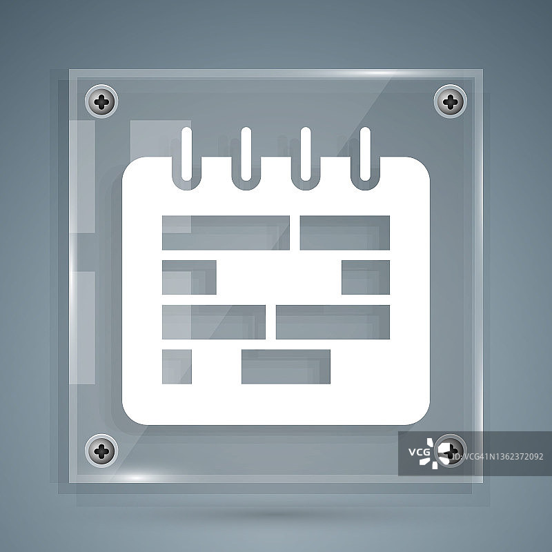白色日历图标孤立在灰色背景上。事件提醒标志。方形玻璃面板。向量图片素材