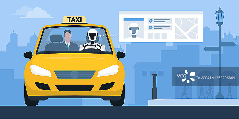 机器人在城市里开出租车图片素材