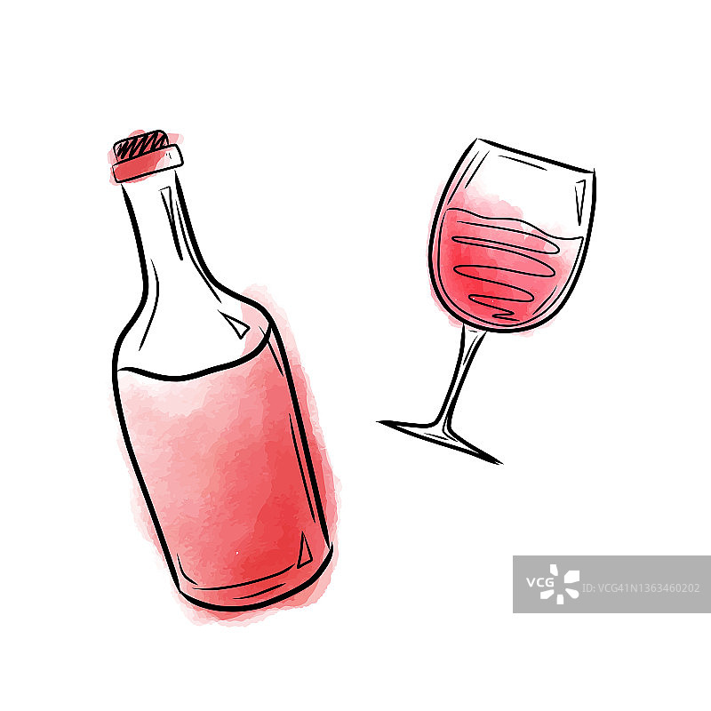 矢量插图与一个瓶子和一杯红酒在水彩风格。图片素材
