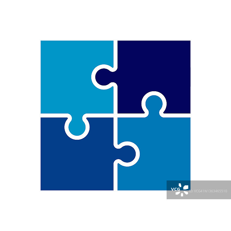 企业蓝色拼图矢量图标设置。四个拼图拼盘，用于游戏概念、业务和创业策略和解决方案图片素材