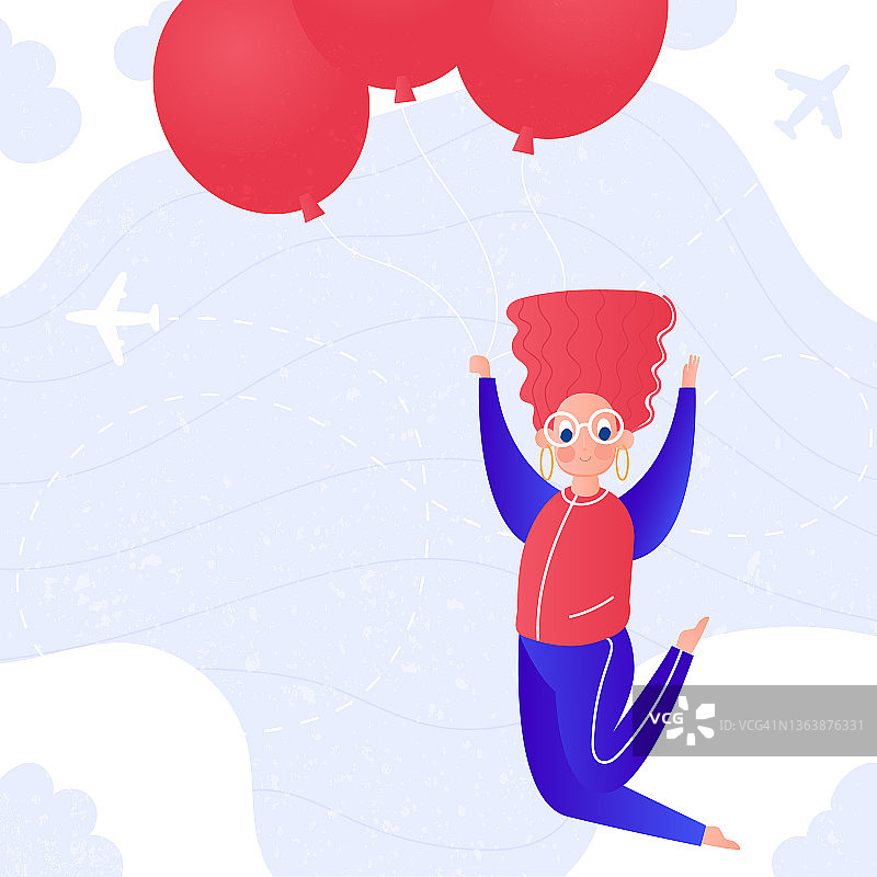矢量插图。女孩在气球上飞。平面色彩设计。图片素材