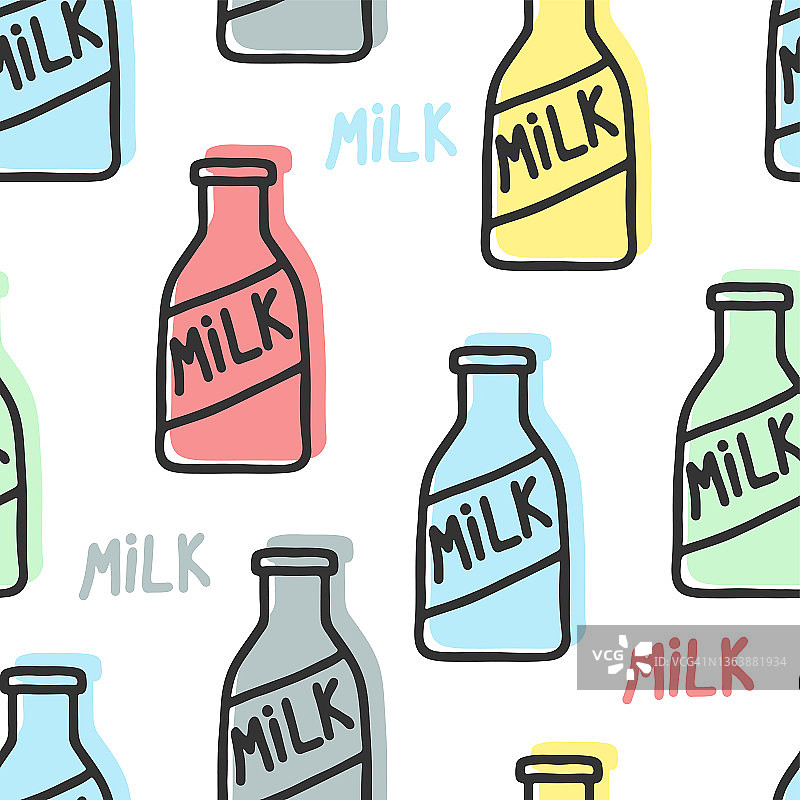 多色牛奶瓶孤立在白色背景上。可爱的无缝模式。手绘矢量图形插图。纹理。图片素材