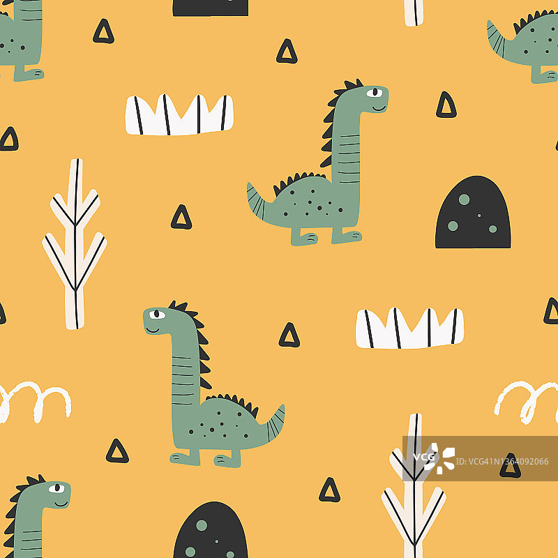 可爱的恐龙图案-手绘幼稚的恐龙无缝图案设计图片素材