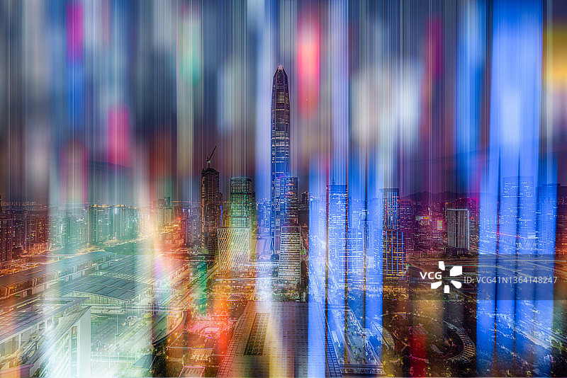 霓虹灯与智慧城市之夜深圳城市景观，未来数字设计与元概念，数据网络连接技术概念图片素材