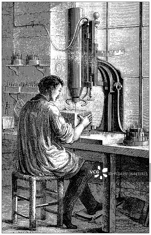 19世纪工业、技术和工艺的仿古插画:纺织和时尚工业，织物的染色、洗涤和印刷图片素材