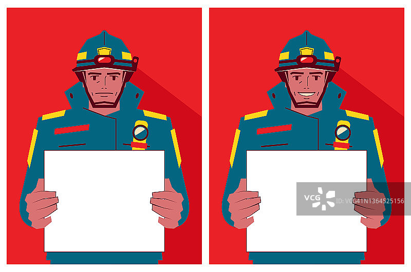一个消防员拿着一块空白的牌子，带着两种不同的情绪图片素材