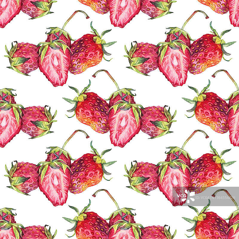 无缝图案水彩切片草莓与绿色叶子孤立在白色背景。手工绘制的甜夏季浆果厨房食品。可爱的红色水果甜点，菜单咖啡馆。艺术的食谱图片素材