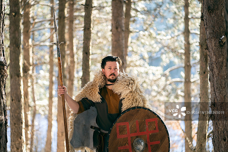 自信的中世纪武士，冬天在森林里手持长矛和盾牌图片素材
