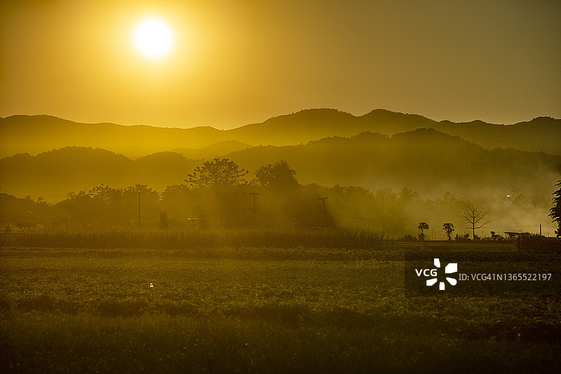 美丽的日落风景，乡村的景色，对着阳光图片素材