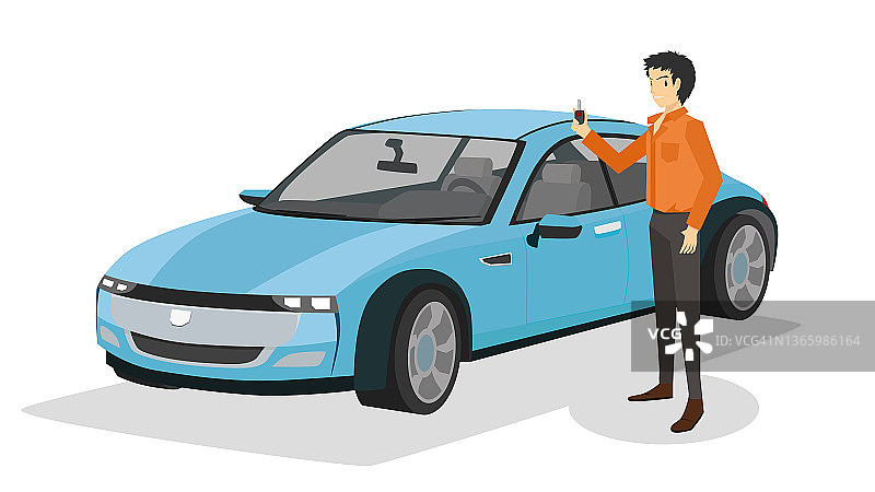 买家站在一辆新的电动汽车旁边，手里拿着一把智能钥匙。图片素材
