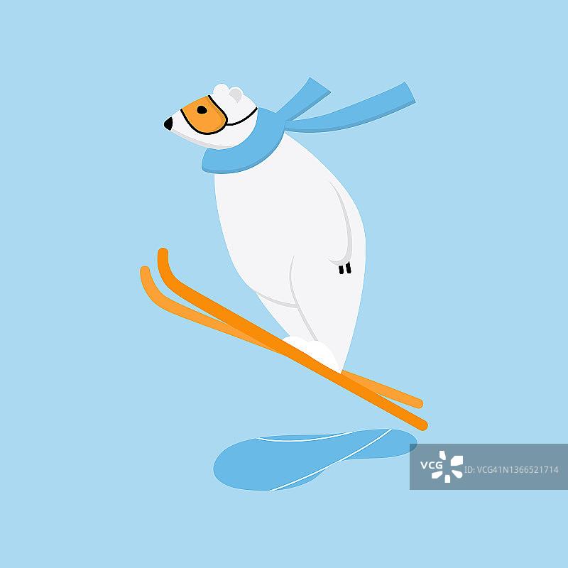 北极熊正在进行跳台滑雪训练。有趣的卡通冬季运动吉祥物图片素材