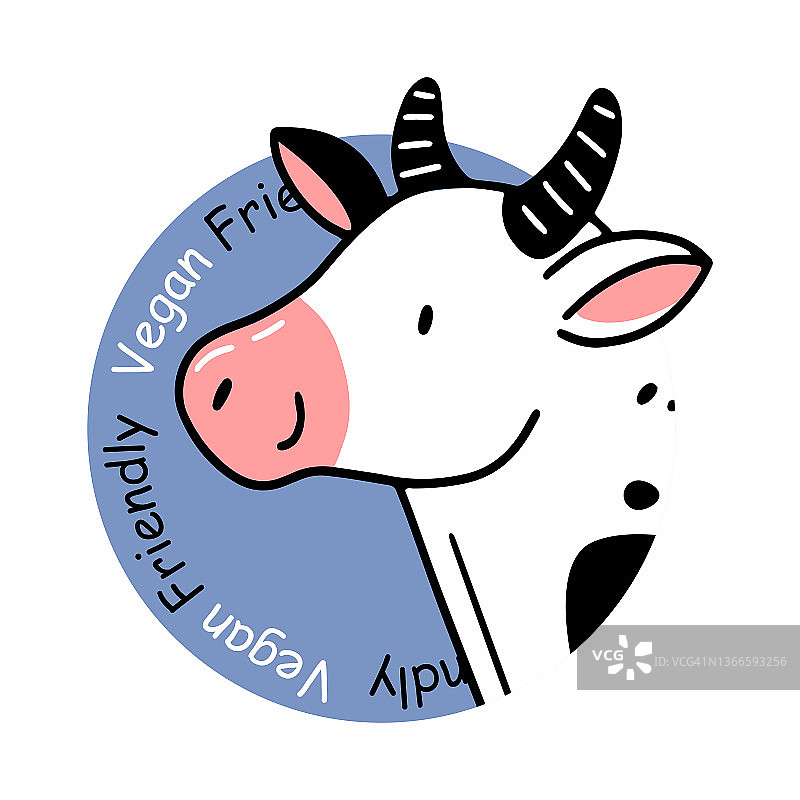 素食友好图标与可爱的牛在涂鸦风格。素食贴纸。孤立的插图。图片素材