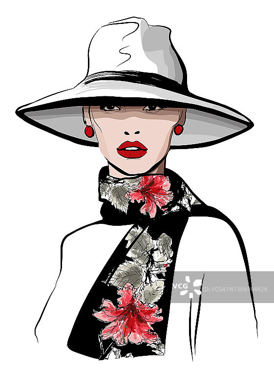 美丽的高加索时装模特摆姿势与帽子和围巾的白色背景图片素材