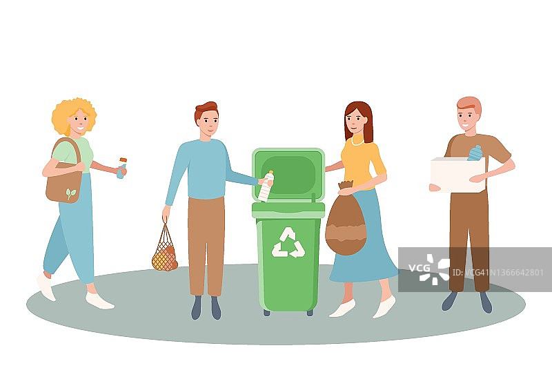 一套幸福的男女垃圾分类回收再利用。“零浪费”的概念。一群可爱有趣的人把垃圾扔进垃圾箱、垃圾箱或容器里。平面向量插图图片素材