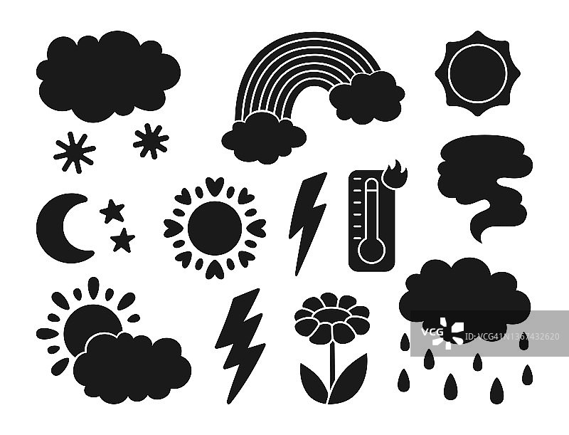 气象图标设置剪影邮票太阳云层温度计气候气象信息图形标志图片素材