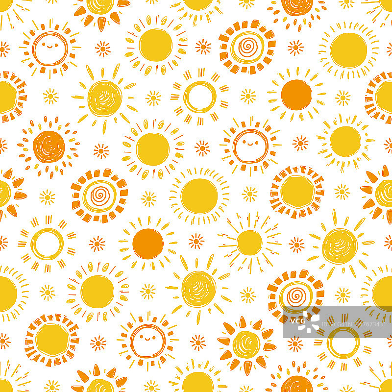 黄橙色太阳图案。手绘涂鸦不同明亮的太阳。夏季无缝背景的孩子。矢量图图片素材