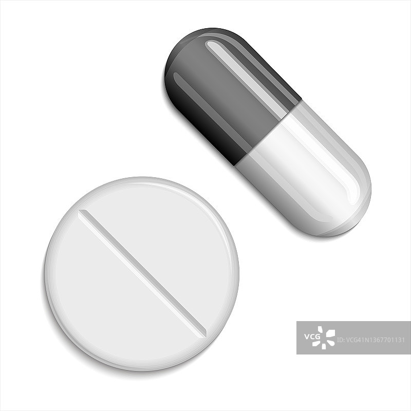 药丸和胶囊图标矢量插图。医药药物，胶囊和药丸现代3d现实。黑白药片。图片素材
