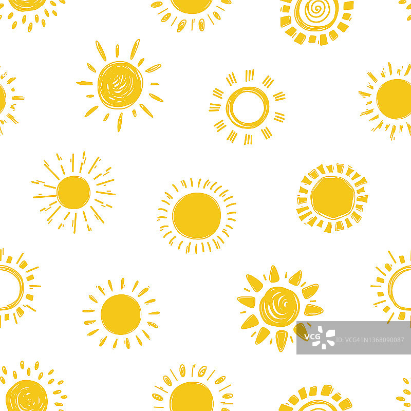 黄色太阳的模式。手绘涂鸦不同明亮的太阳。夏季无缝背景的孩子。矢量图图片素材