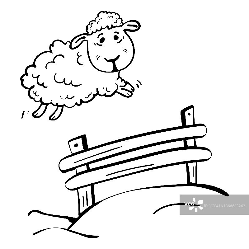 可爱的卡通羊跳过篱笆。数羊入睡矢量着色插图图片素材