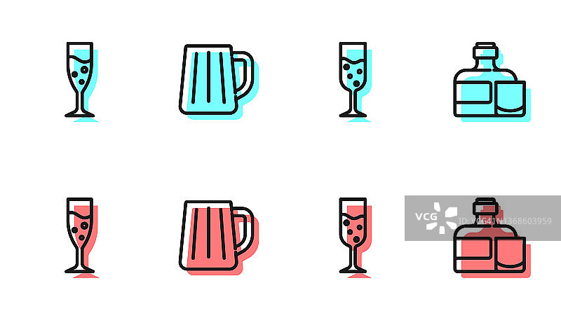 设置行玻璃香槟，，木制啤酒杯和威士忌酒瓶和玻璃图标。向量图片素材