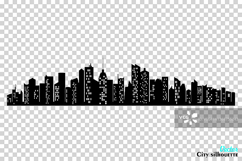 黑色城市剪影与透明背景上的窗户。水平天际线在平坦的风格。矢量城市景观，夜城城市全景图片素材
