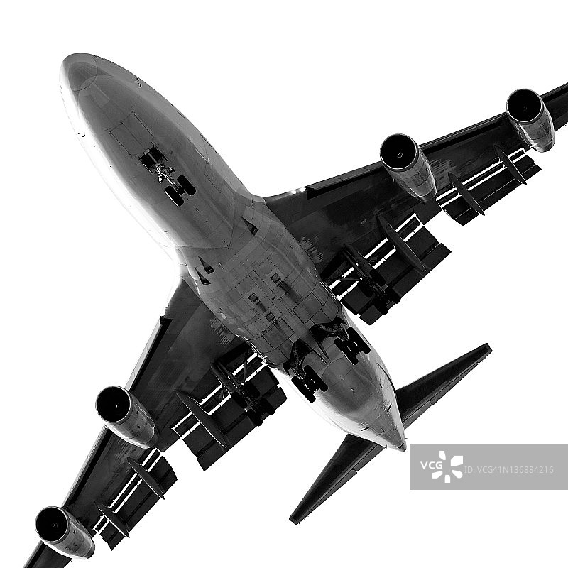 大型喷气式飞机在白色背景上降落图片素材